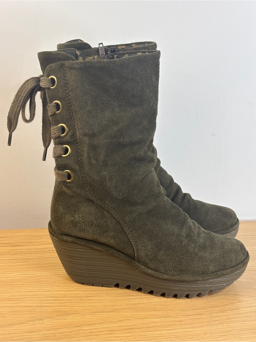 Fly London Yama Olive Suede Lace-Back Wedge Boots Woman’s 37 / US 6.5
